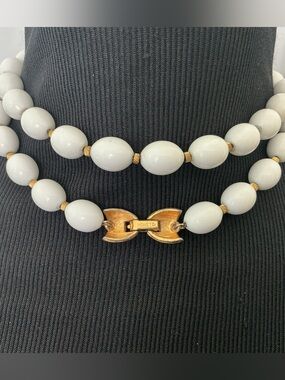 Vintage Monet White Beaded Single Strand Necklace with Gold-Tone Accents